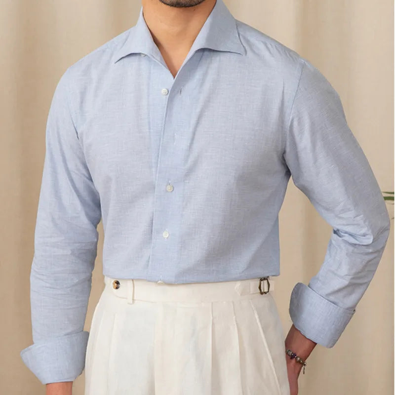 Camisa Social Masculina de Algodão e Linho - Azul Claro